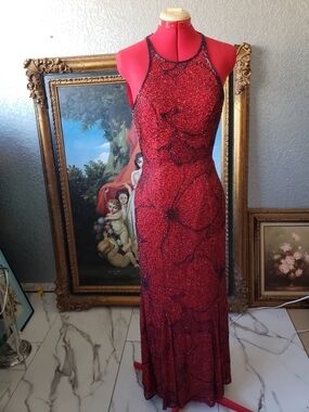 Cache Stunning Red Beaded Halter Prom Dress